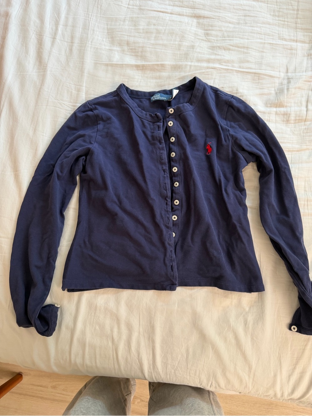 Ralph Lauren Girls' Navy Button-Front Long Sleeve Shirt with Red Pony